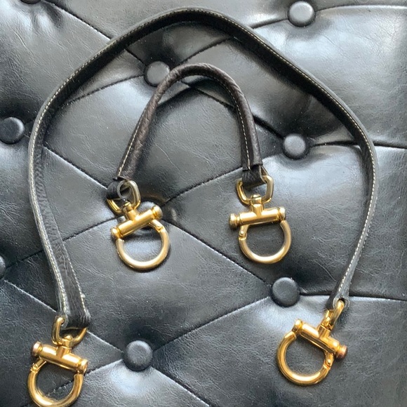 Black Leather Horse Bit Handbag with small attached bag inside and two handles. - Picture 7 of 8